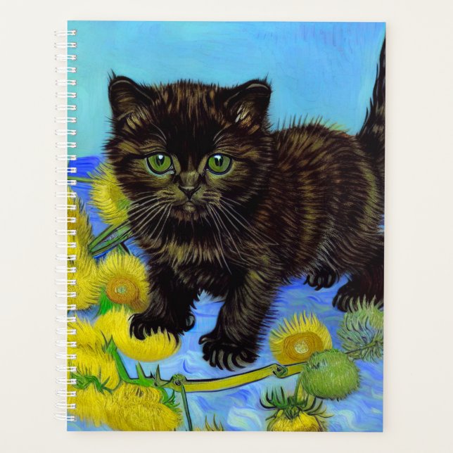 Agenda Gato de estilo Van Gogh com Sunflower (Frente)