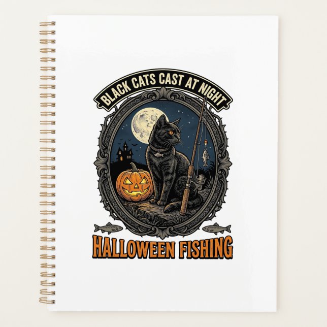 Agenda Gato de Pesca de Halloween Design de Abóbora Vinta (Frente)
