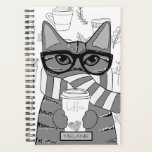 Agenda Gato e café bonitos personalizados<br><div class="desc">Gatinho adorável embrulhado em cachecol,  vestindo óculos e segurando café em planejador personalizado.</div>