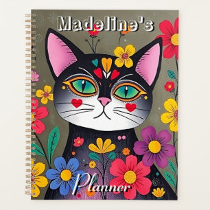 Agenda Gato e Flores Pretos de Arte Folhosa e Bonitas Per