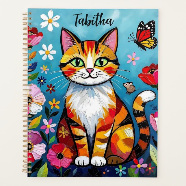 Agenda Gato Impasto, Flores e Borboleta Personalizado (Frente)