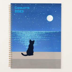 Agenda Gato negro debaixo da lua de cheio estrelado noite