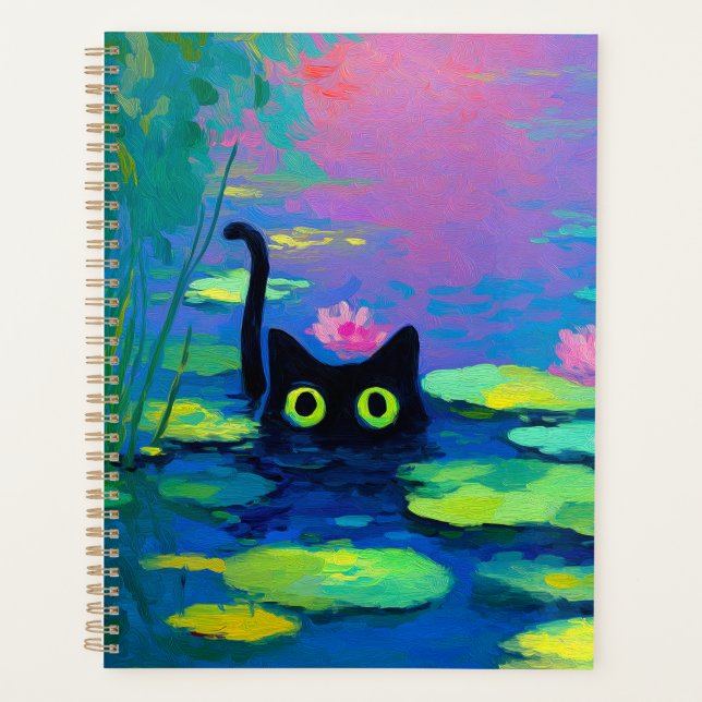 Agenda Gato Negro Engraçado Nadando Pond | Quirky Art (Frente)