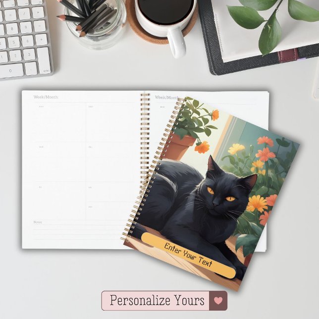 Agenda Gato Negro Personalizado com flores em vaso (Personalized Black cat with potted flowers Planner)