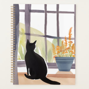Agenda Gato no Parapeito da Janela Silhueta Aquarela