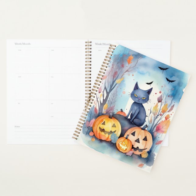 Agenda Gato Oriental Azul de Halloween com Abóboras Assus (Exibição)