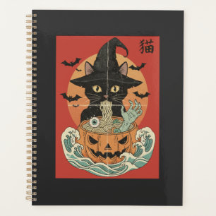 Agenda Gato preto come ramen japonês para o Halloween