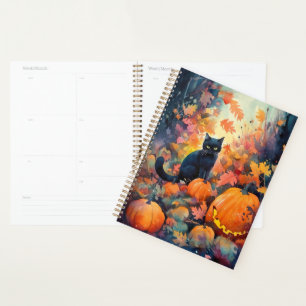 Agenda Gato Preto de Halloween com Abóboras Assustador