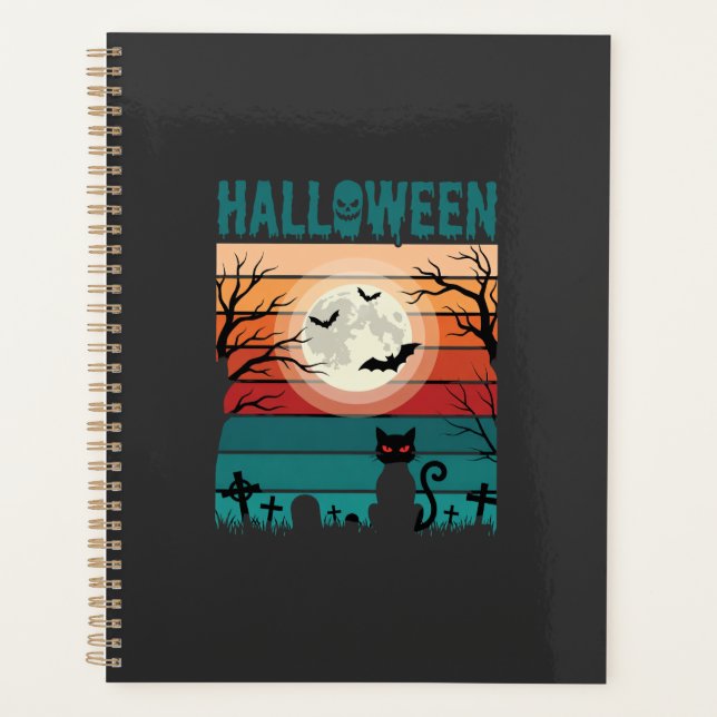 Agenda Gato Preto De Halloween Lua Cemitério Vetor Retro  (Frente)