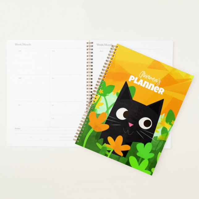 Agenda Gato Preto Laranja Verde Personalizado (Exibição)