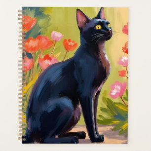 Agenda Gato Preto Pintura de Flores em Aquarela de Anim