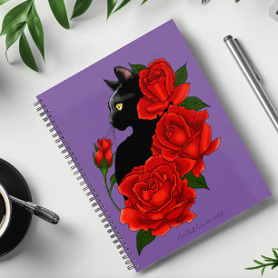 Agenda Gato Preto Rosas Vermelhas Roxo