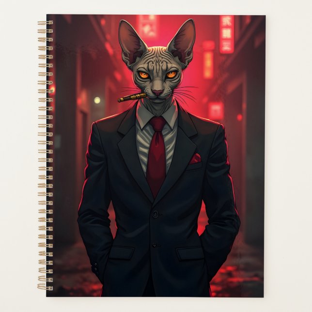 Agenda Gato Sphynx Neon Noir no Estilo Máfia (Frente)