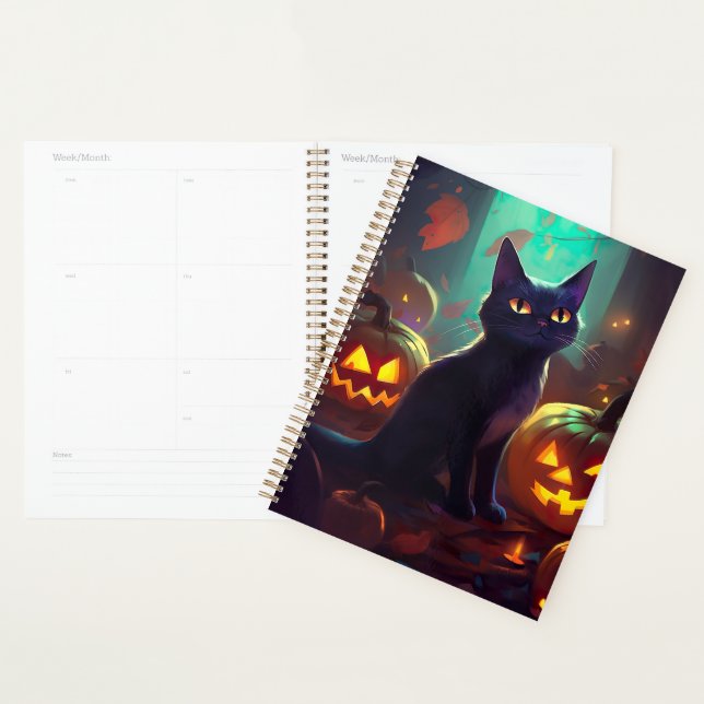 Agenda Gato Tuxedo de Halloween com Abóboras Assustador (Exibição)