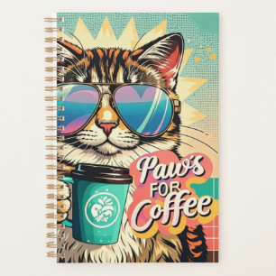 Agenda Gato vestindo óculos de sol enormes com café