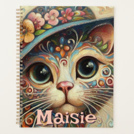 Agenda Gato Whimsical com chapéu Floral Personalizado