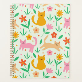 Agenda Gatos Felizes Retro com Flores Laranja Vermelho e 