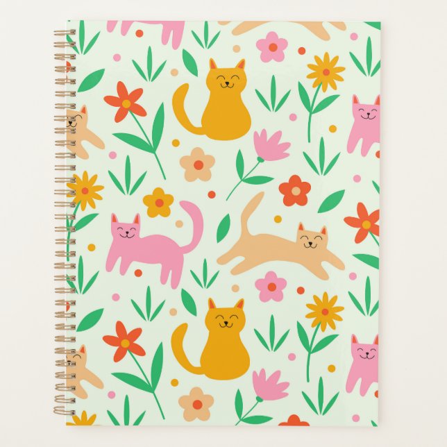 Agenda Gatos Felizes Retro com Flores Laranja Vermelho e  (Frente)