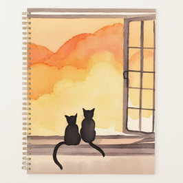 Agenda Gatos na Janela | Silhueta de Aquarela do Pôr do S
