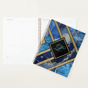 Agenda Geométrico Azul Ouro Moderno Único