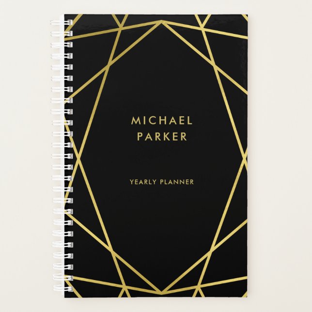 Agenda Geométrico Dourado moderno Faux em Preto (Frente)