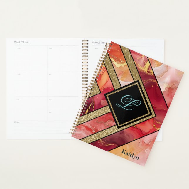 Agenda Geométrico Vermelho Dourado Moderno Único (Exibição)