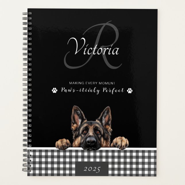 Agenda German shepherd Black White Gingham Personalizado (Frente)