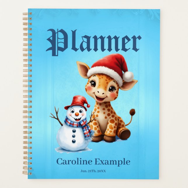 Agenda Girafa de Cartoon Bonita com Santa Hat e Snowman (Frente)