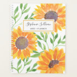 Agenda Girassóis Amarelos Personalizados<br><div class="desc">Girassóis trazem alegria! 
Aproveite o planejamento do seu ano com este brilhante planejador de girassol amarelo ensolarado.
Os girassóis amarelos e as folhas verdes estão sobre fundo branco e você pode personalizar este planejador com seu nome e o ano.
Original Watercolor © Michele Davies.</div>
