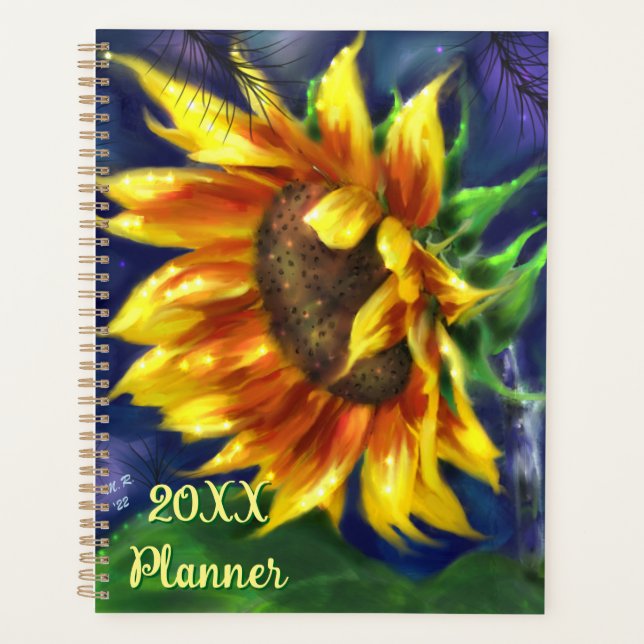Agenda Girassol na Noite Amarelo Azul Flor Floral (Frente)