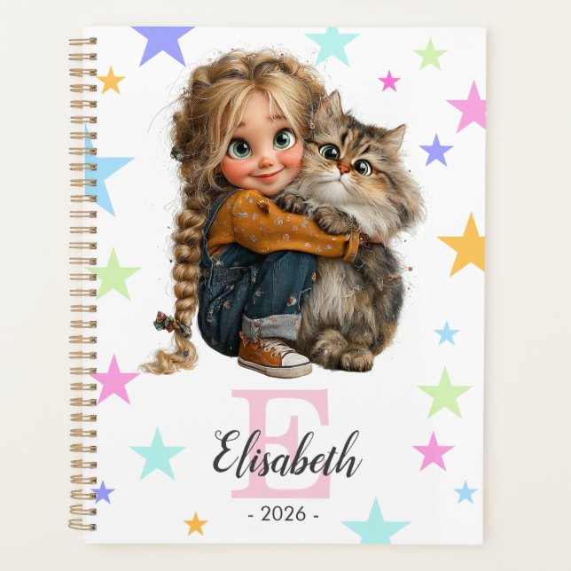 Agenda Girl and Kitten Monogram Any Initial & Name (Frente)