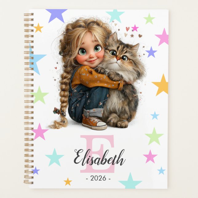 Agenda Girl and Kitten Monogram Any Initial & Name (Frente)