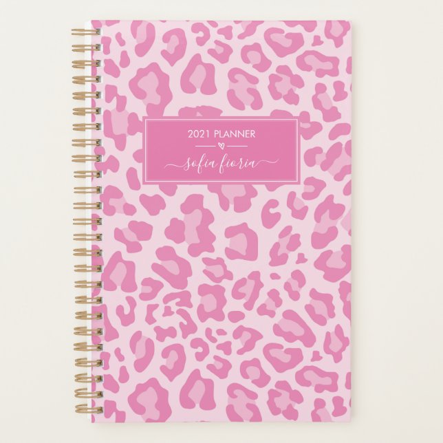 Agenda Girly Pink Leopard Elegant Script Name 2021 (Frente)