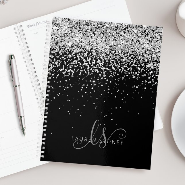 Agenda Glam Black Silver Glitter Monograma (Criador carregado)