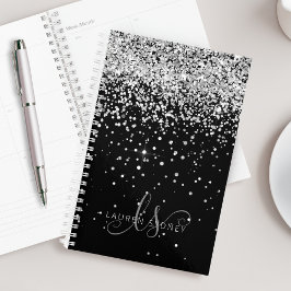 Agenda Glam Black Silver Glitter Monograma