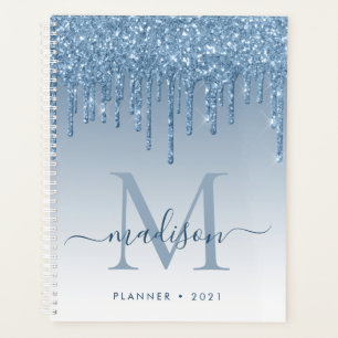 Agenda Glam Bright Blue Glitter Drips Girly Monograma 202