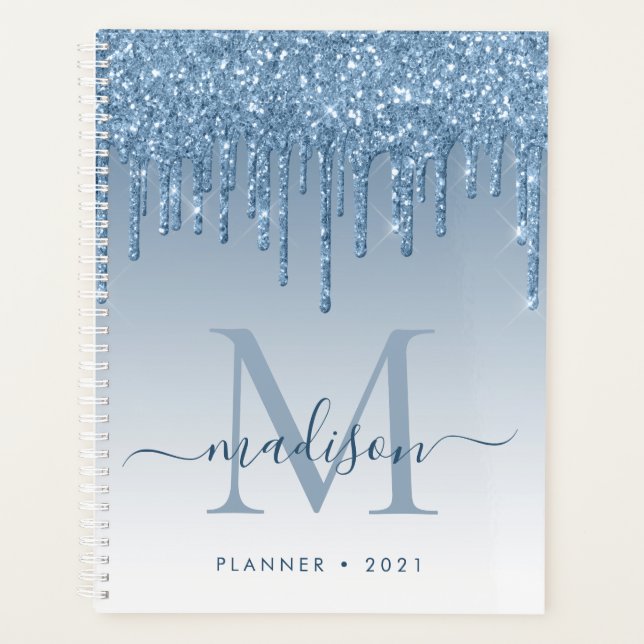 Agenda Glam Bright Blue Glitter Drips Girly Monograma 202 (Frente)