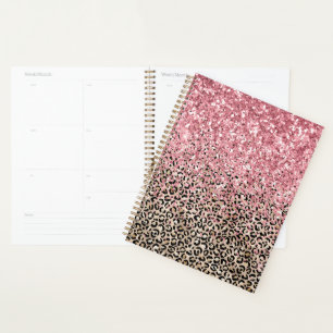 Agenda Glam Dourado Leopard Imprime Leve Rosa Brilhante
