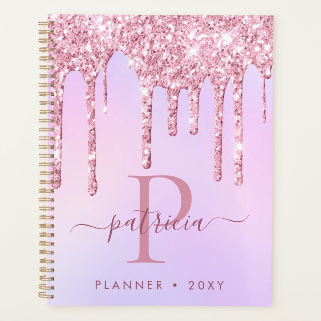 Agenda Glam Pink Glitter Drives Elegante Monograma Planne (Frente)