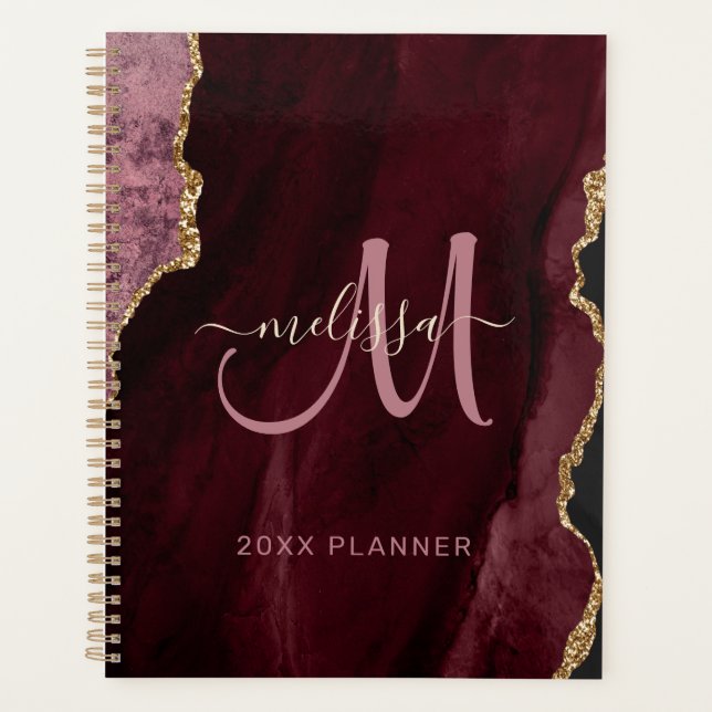 Agenda Glitter Agate Dourado Burgundy Chic Monograma 2024 (Frente)