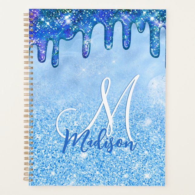 Agenda Glitter azul-glúteo azul pinga monograma notebook (Frente)