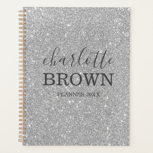 Agenda Glitter de Prata Moderna Personalizado (Frente)