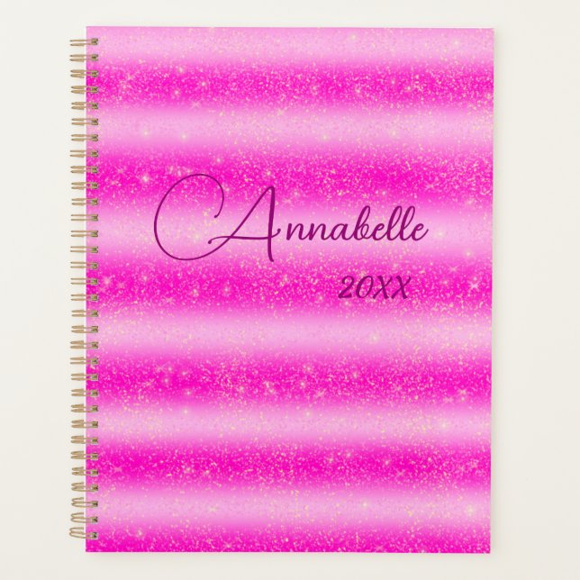 Agenda Glitter de stripes rosa personalizado (Frente)