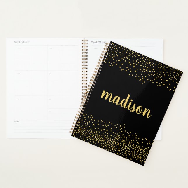 Agenda Glitter Dourado Confetti | Preto personalizado (Exibição)