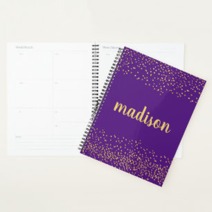Agenda Glitter Dourado Confetti Roxo personalizado