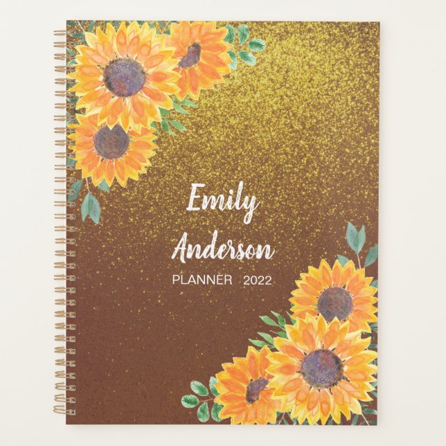 Agenda Glitter Dourado de girassol personalizado (Frente)