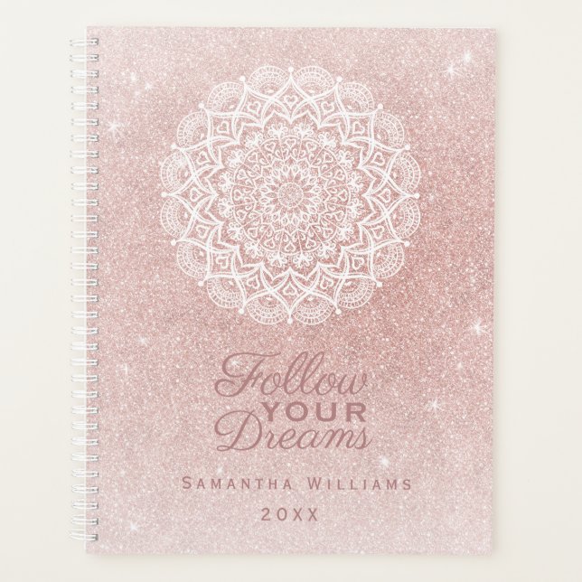 Agenda Glitter Dourado de Rosa personalizado feminino ele (Frente)