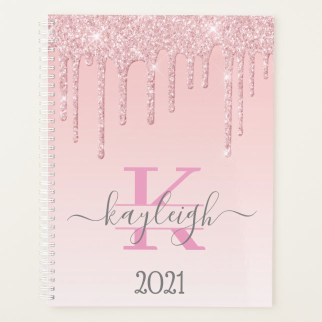 Agenda Glitter Dourado Girly Rosa Monograma 2021 (Frente)