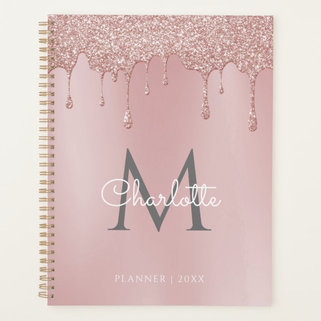 Agenda Glitter Drips Monograma Script Rosa Desbotada 2023 (Frente)