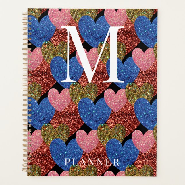 Agenda Glitter Hearts Modern Glam Monograma (Frente)